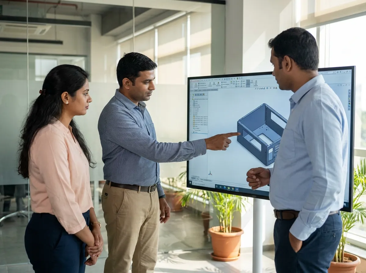 Indian engineering team reviewing a SOLIDWORKS assembly with CadWorks AutomateWorks and CustomWorks add-ons