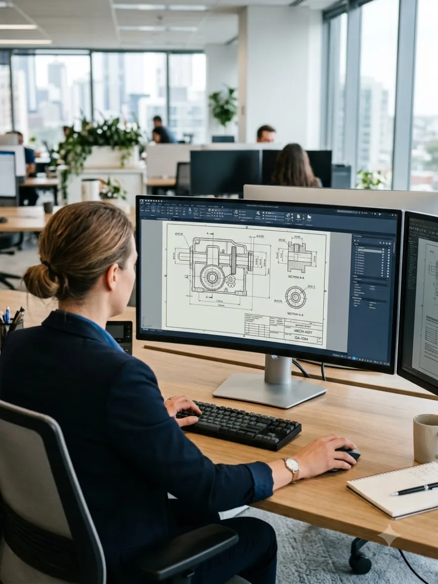 Engineer drafting a 2D mechanical drawing in DraftSight CAD software