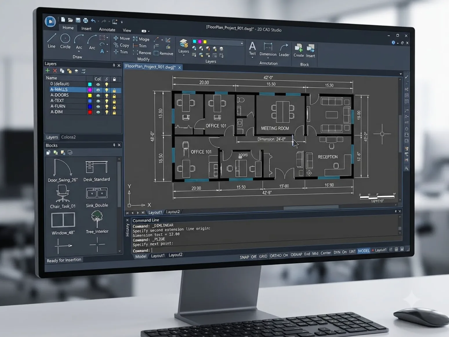 DraftSight 2D CAD workspace — a DWG floor plan with layers, blocks and command line