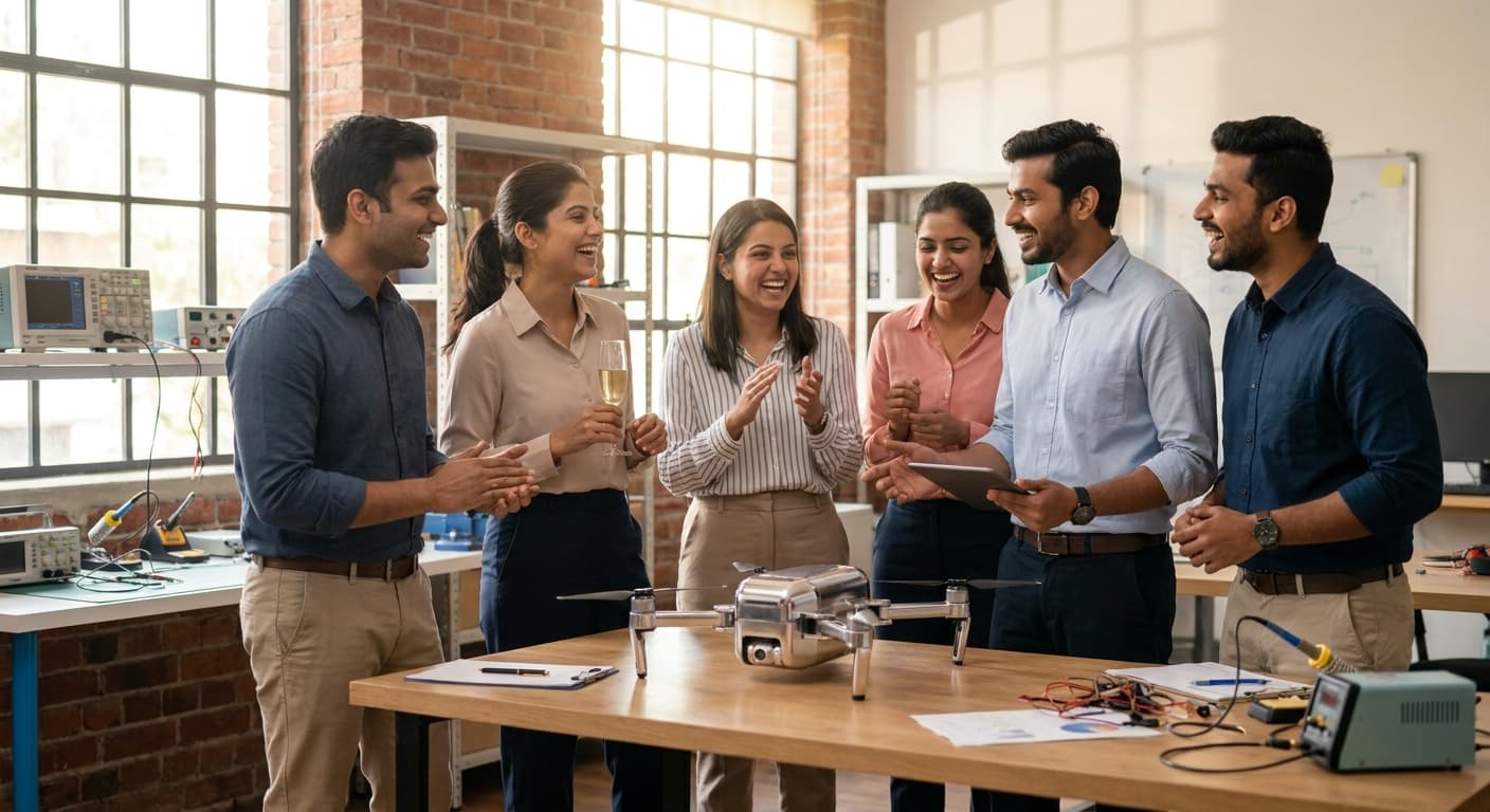 Indian hardware startup team celebrating product launch