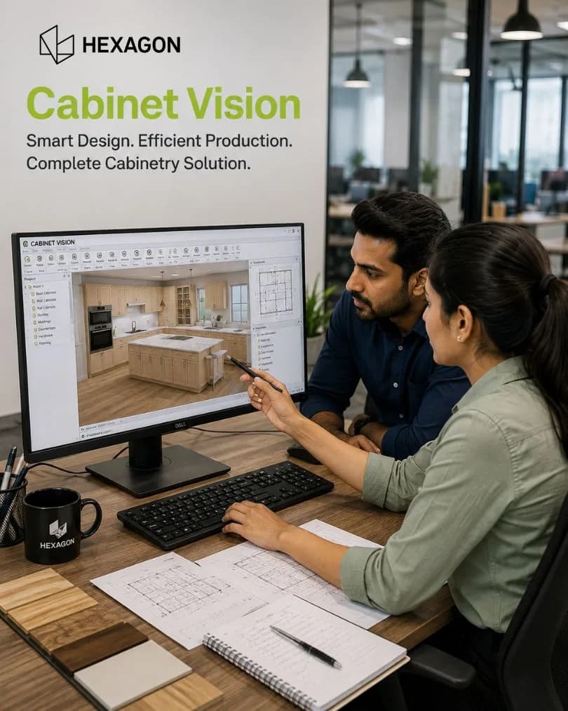 Designers reviewing a kitchen layout in Hexagon Cabinet Vision