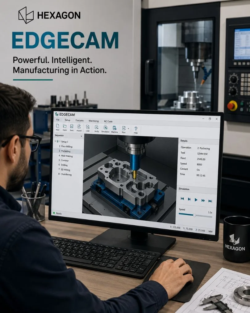 Hexagon EDGECAM pocketing toolpath simulation on a CNC machined part