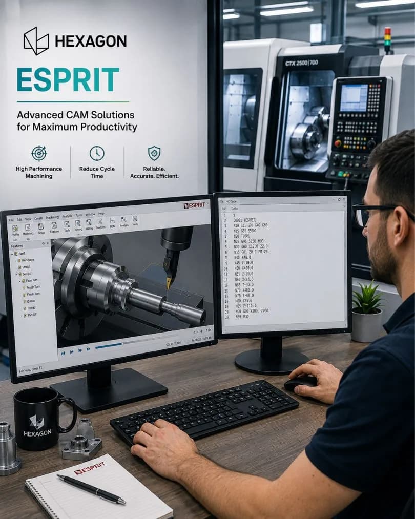 Engineer programming a turned part with Hexagon ESPRIT CAM and NC code
