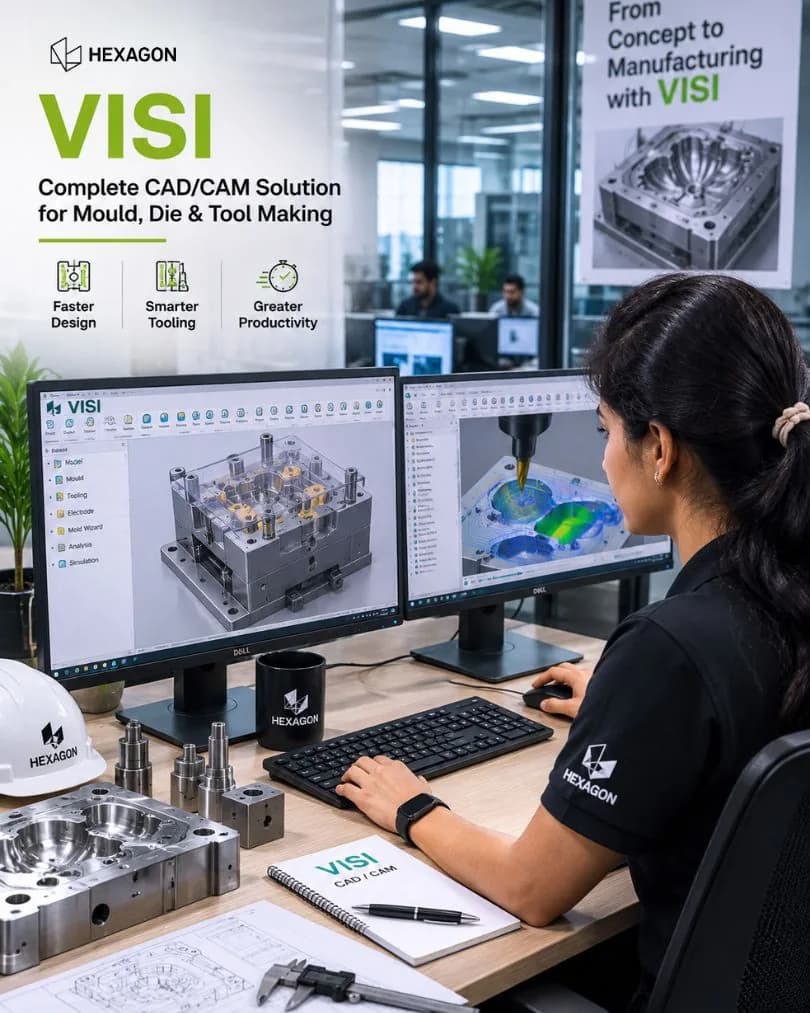 Hexagon VISI mould design on a dual-monitor workstation