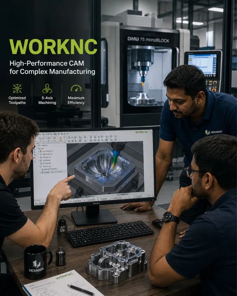 Engineers reviewing a 5-axis WORKNC toolpath for a mould cavity