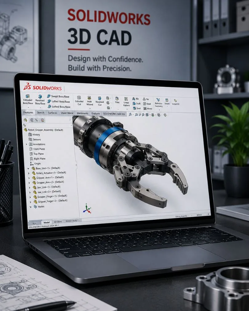 SOLIDWORKS 3D CAD open on a laptop showing a robotic gripper assembly model