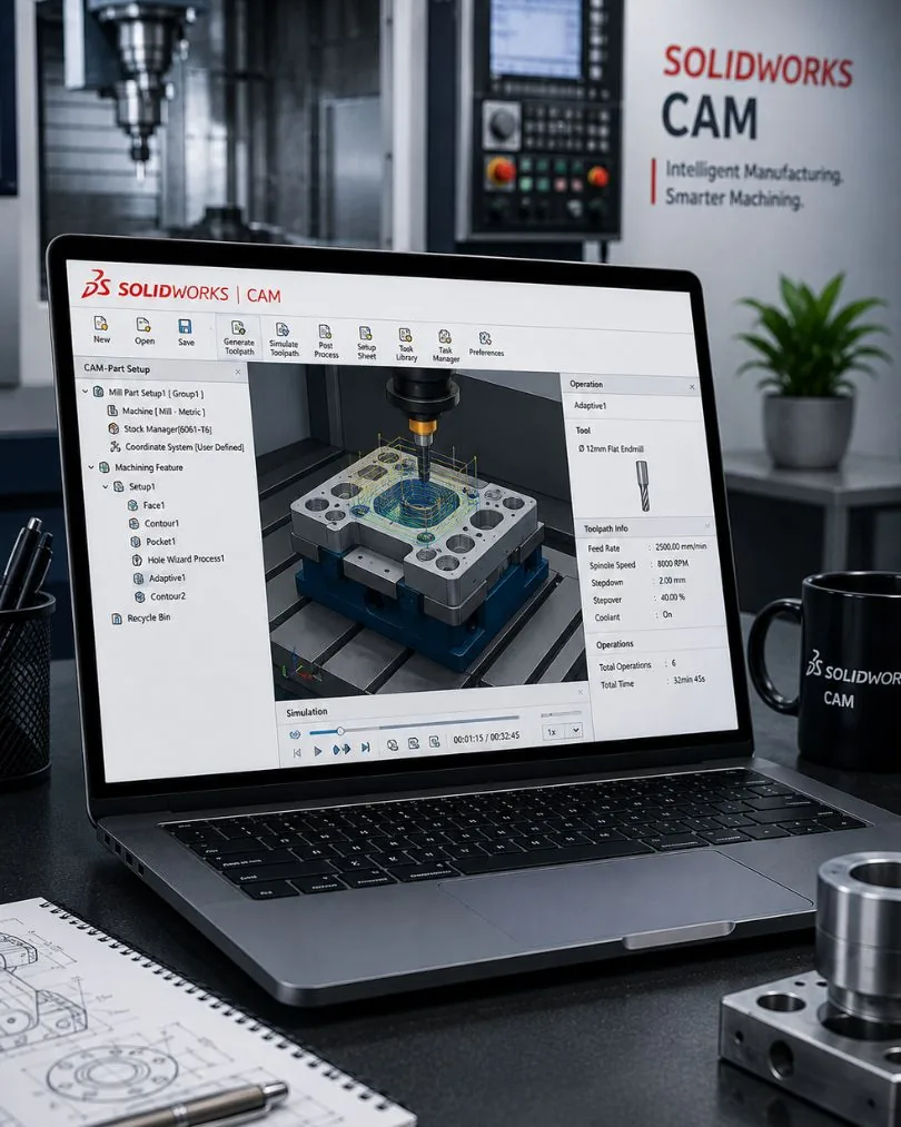 SOLIDWORKS CAM toolpath simulation for a milled aluminium part
