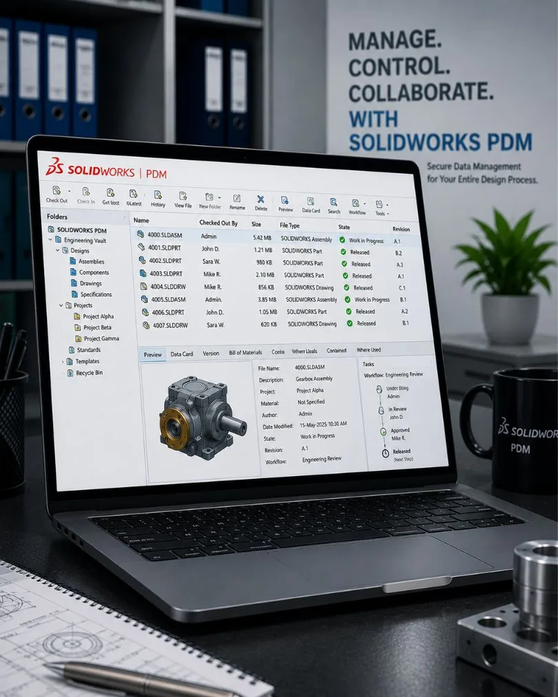 SOLIDWORKS PDM vault showing checked-in files, revisions and workflow states