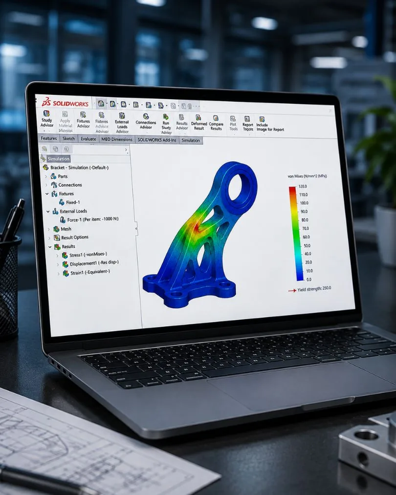 SOLIDWORKS Simulation von Mises stress plot on a bracket study